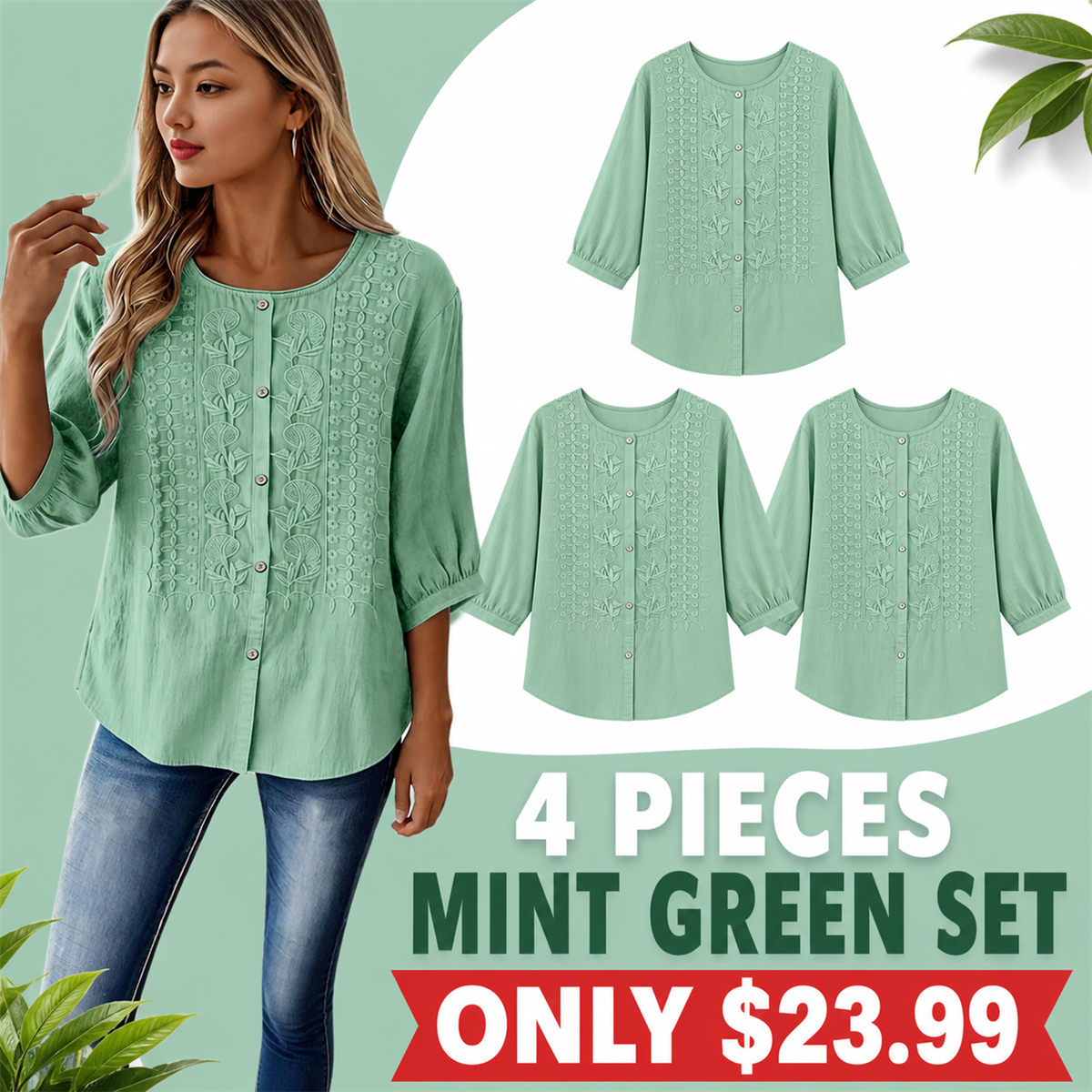 Women's Embroidered Button-Front Three-Quarter-Sleeve Blouse - 4-Piece Mint Green Set - $23.99