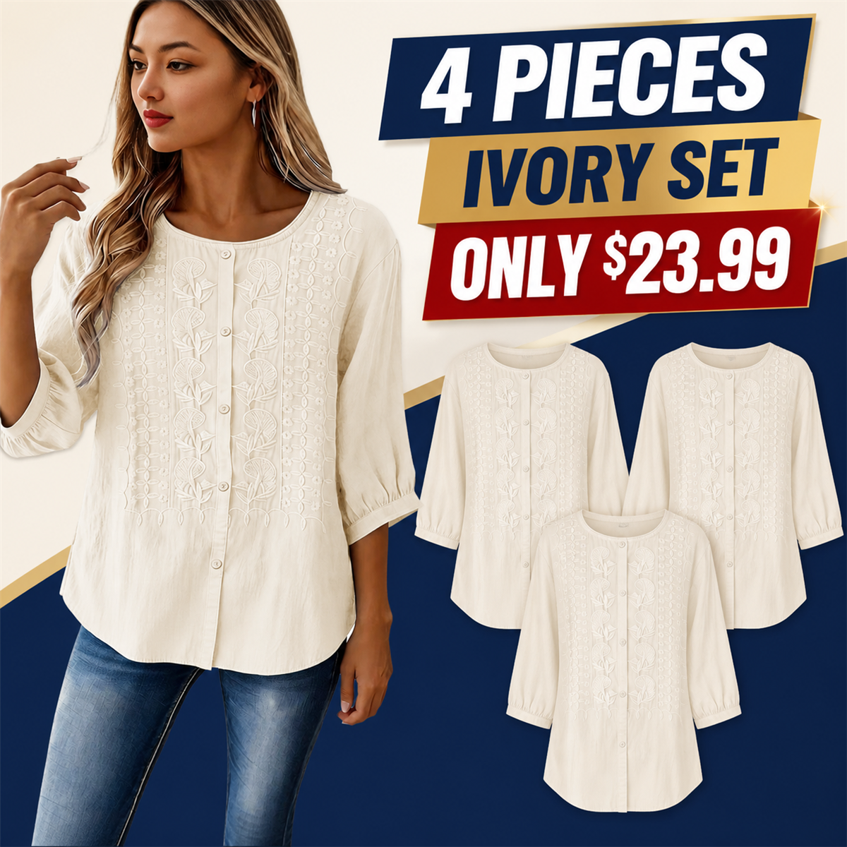 Women's Embroidered Button-Front Three-Quarter-Sleeve Blouse - 4-Piece Ivory Set - $23.99