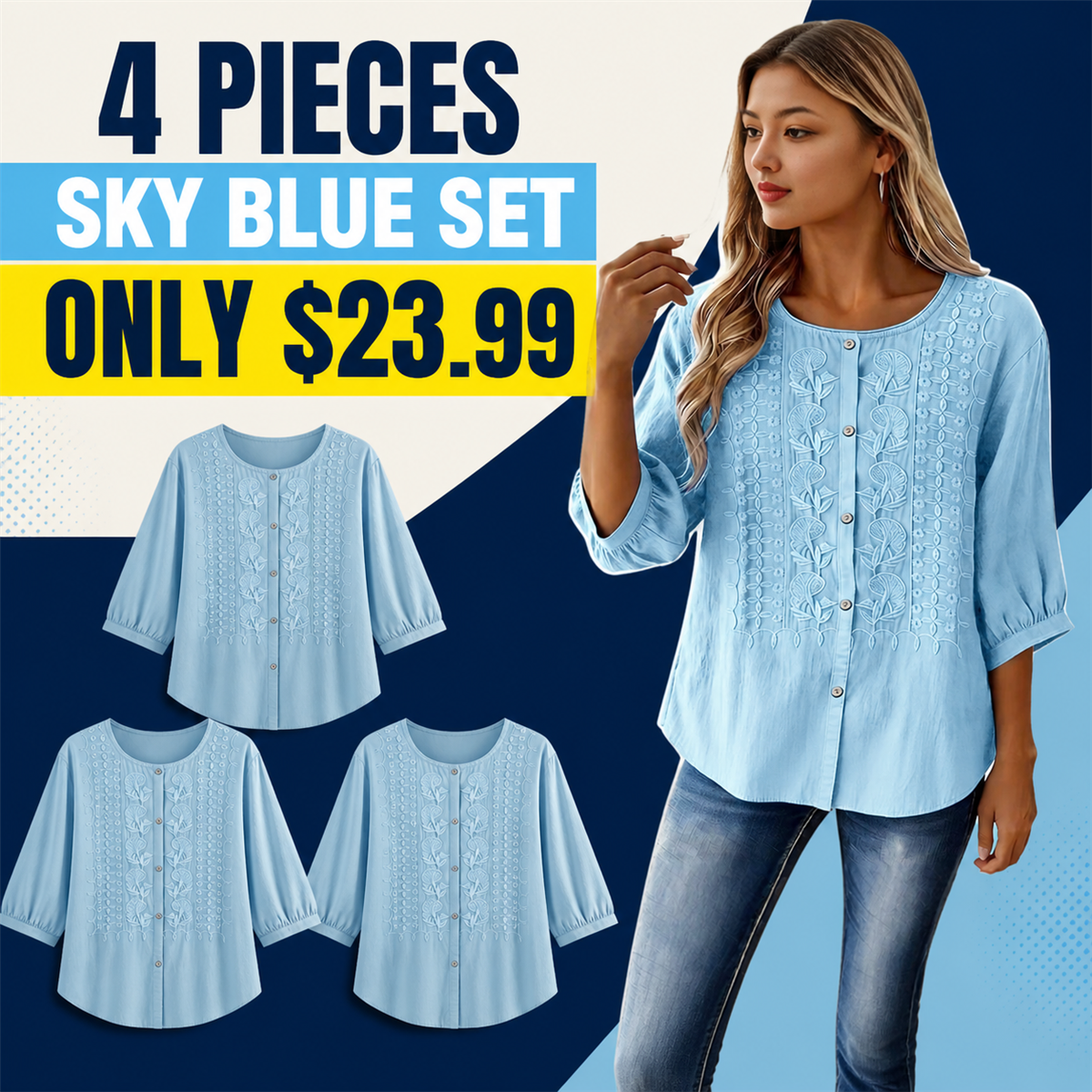 Women's Embroidered Button-Front Three-Quarter-Sleeve Blouse - 4-Piece Sky Blue Set - $23.99