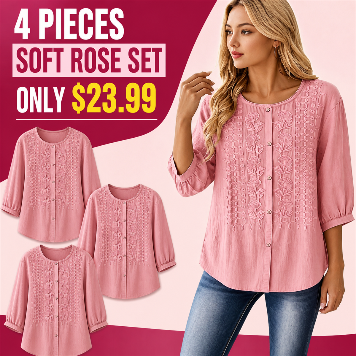 Women's Embroidered Button-Front Three-Quarter-Sleeve Blouse - 4-Piece Soft Rose Set - $23.99