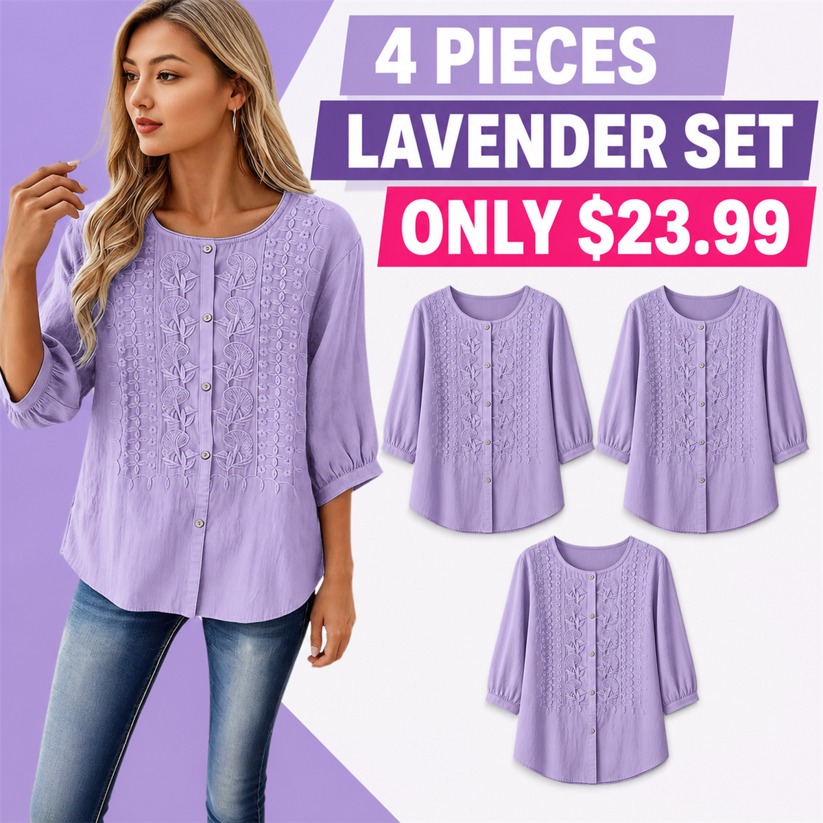 Women's Embroidered Button-Front Three-Quarter-Sleeve Blouse - 4-Piece Lavender Set - $23.99