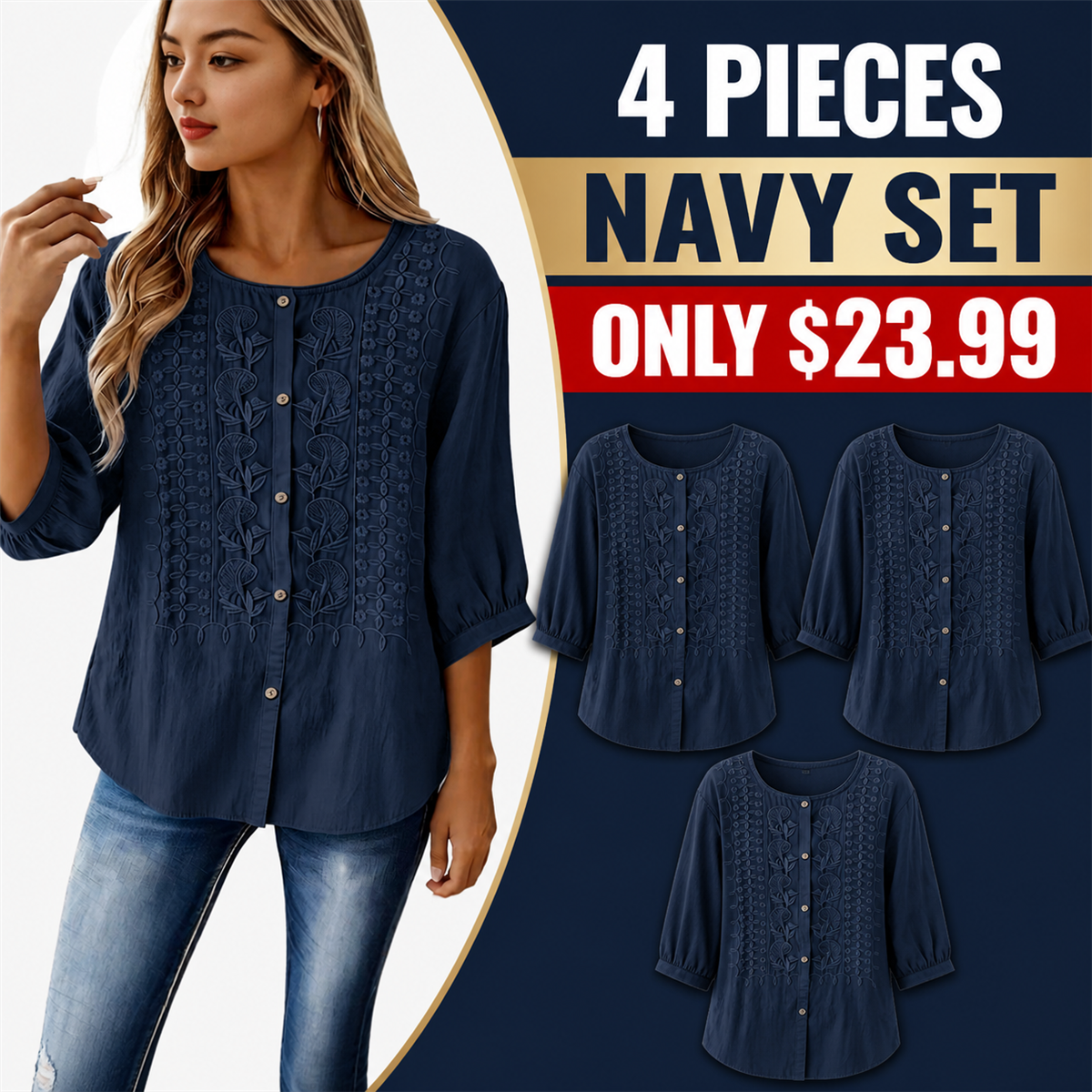 Women's Embroidered Button-Front Three-Quarter-Sleeve Blouse - 4-Piece Navy Set - $23.99