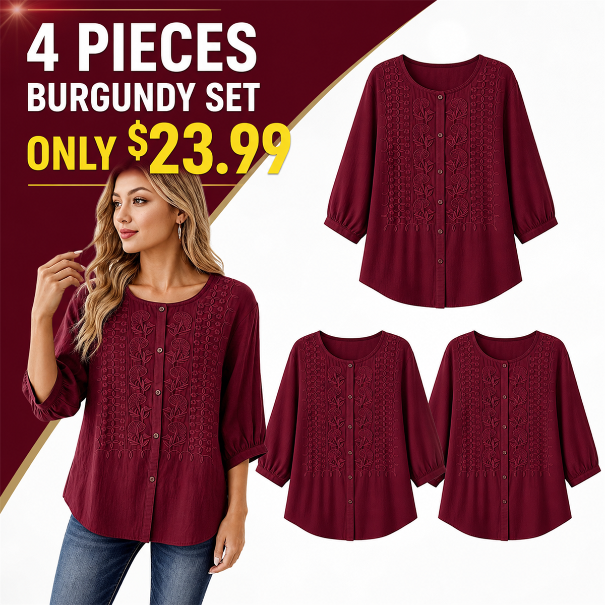 Women's Embroidered Button-Front Three-Quarter-Sleeve Blouse - 4-Piece Burgundy Set - $23.99
