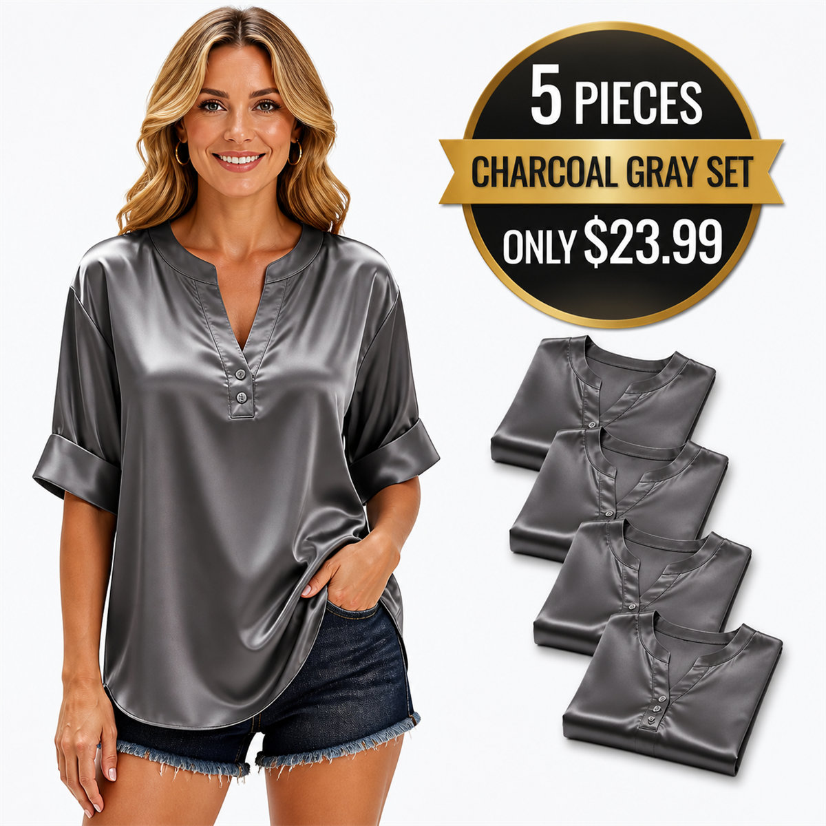 Women's Satin-Look Notch-Neck Short-Sleeve Blouse - 5-Piece Charcoal Gray Set - $23.99