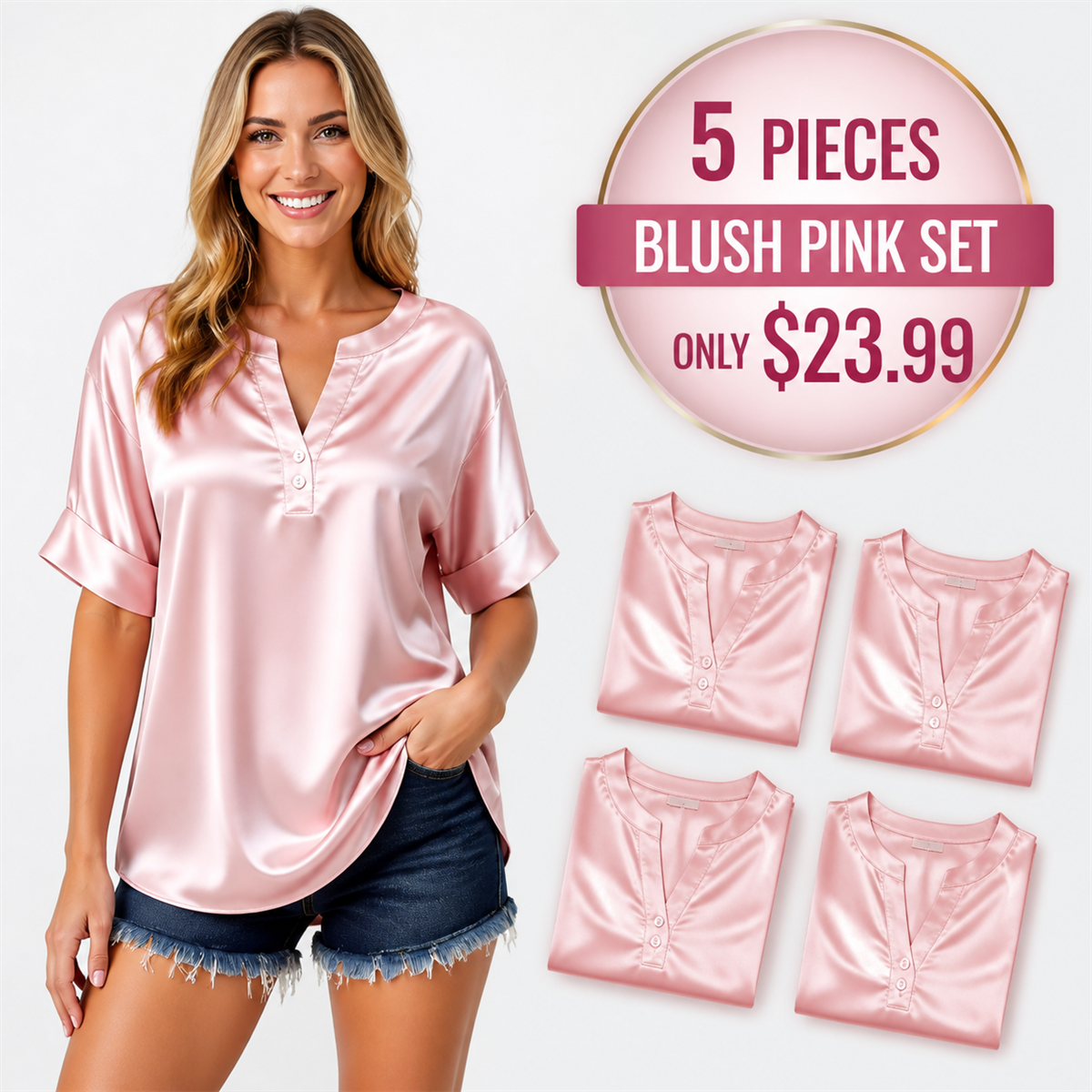Women's Satin-Look Notch-Neck Short-Sleeve Blouse - 5-Piece Blush Pink Set - $23.99