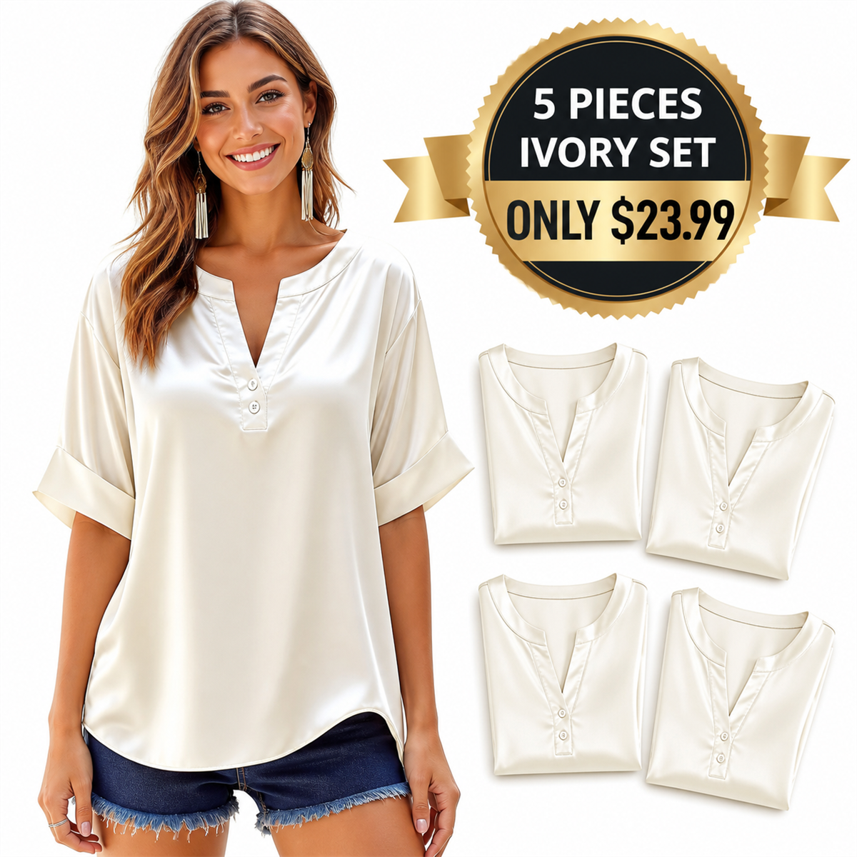 Women's Satin-Look Notch-Neck Short-Sleeve Blouse - 5-Piece Ivory Set - $23.99