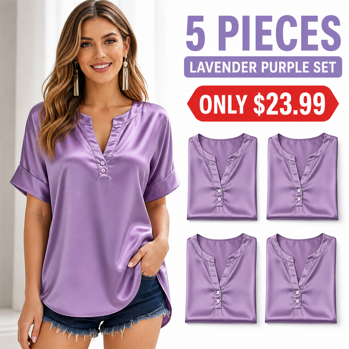 Women's Satin-Look Notch-Neck Short-Sleeve Blouse - 5-Piece Lavender Purple Set - $23.99