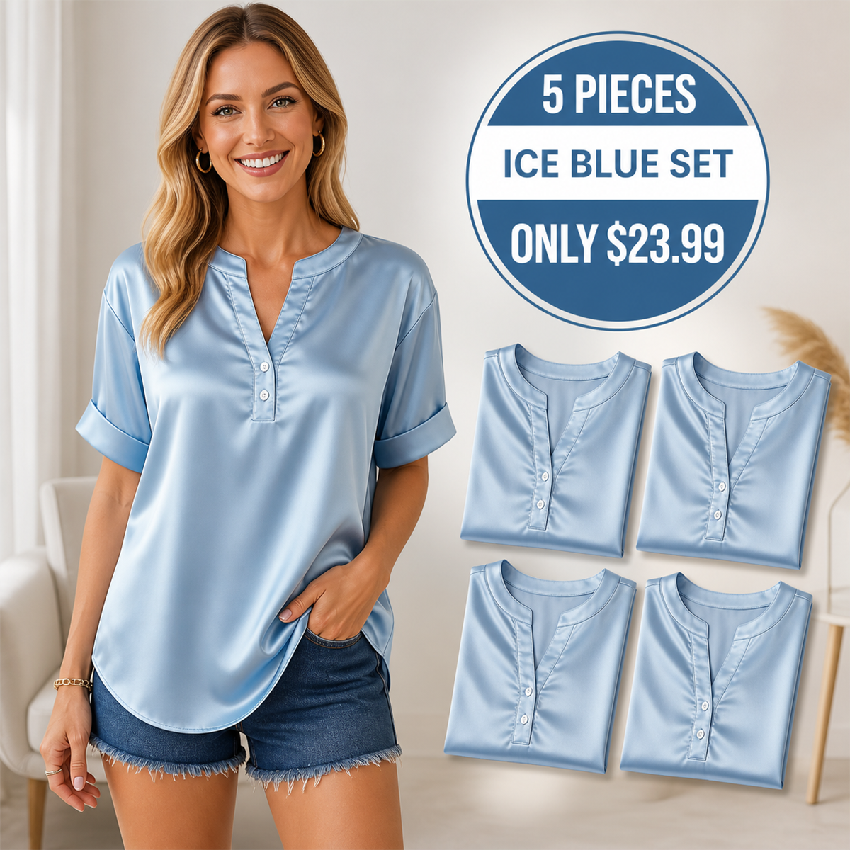 Women's Satin-Look Notch-Neck Short-Sleeve Blouse - 5-Piece Ice Blue Set - $23.99