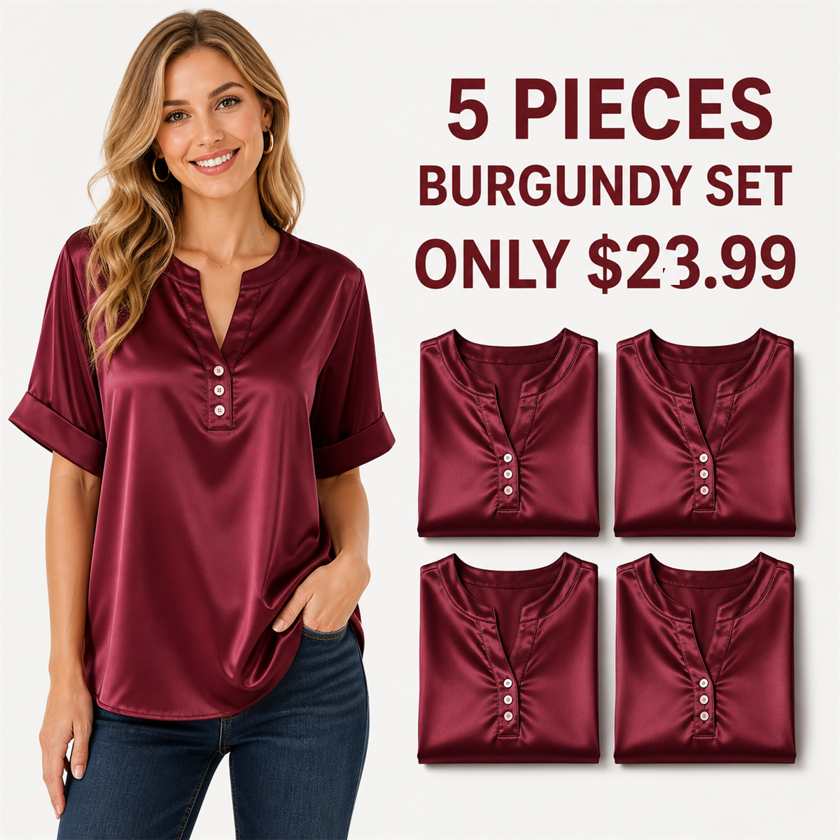 Women's Satin-Look Notch-Neck Short-Sleeve Blouse - 5-Piece Burgundy Set - $23.99