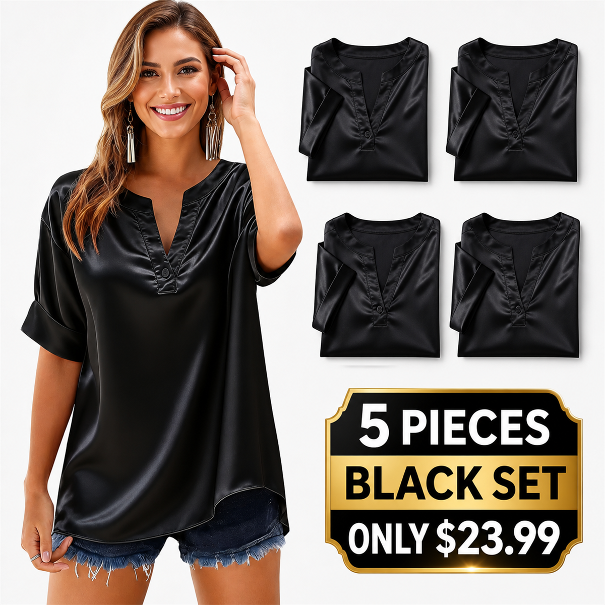 Women's Satin-Look Notch-Neck Short-Sleeve Blouse - 5-Piece Black Set - $23.99