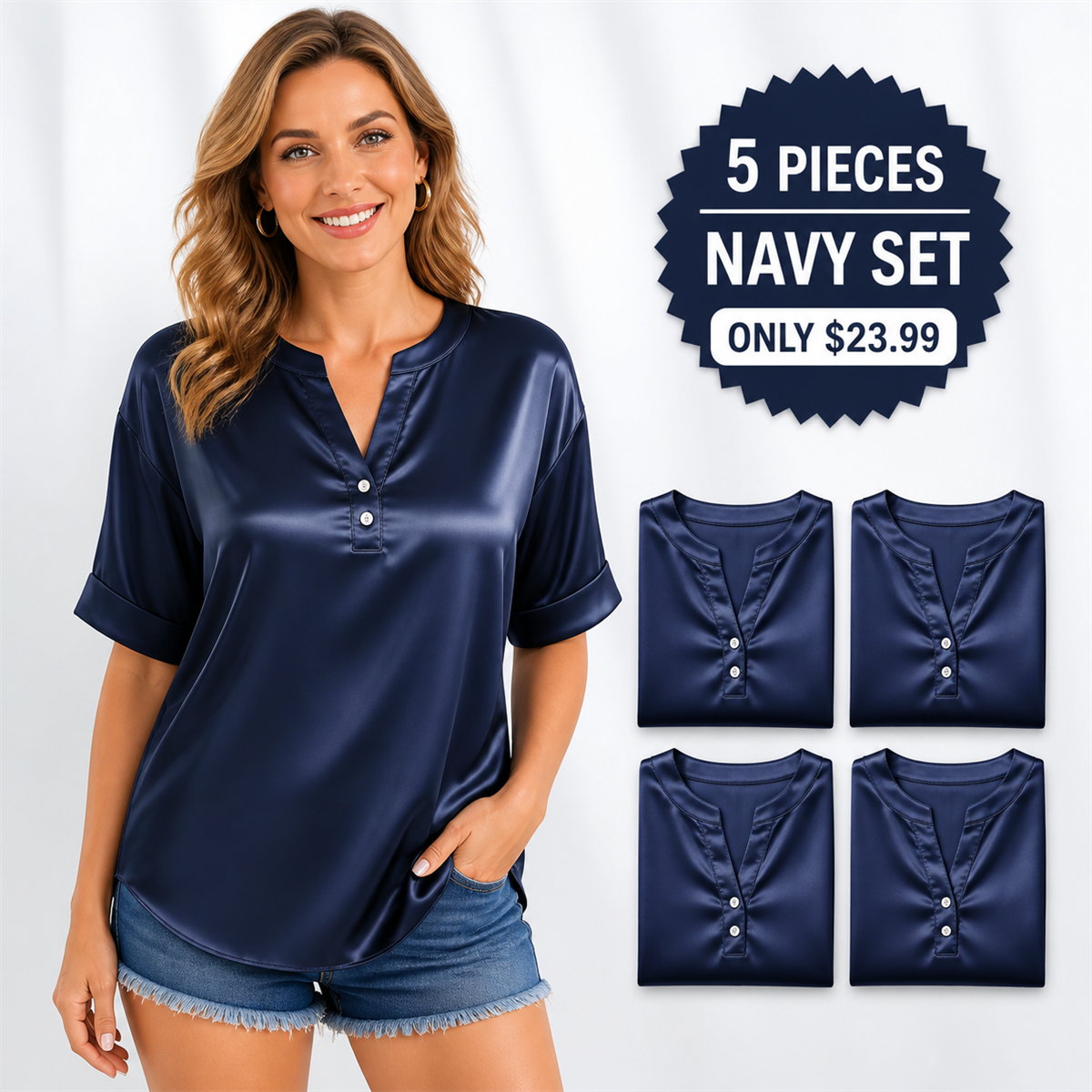 Women's Satin-Look Notch-Neck Short-Sleeve Blouse - 5-Piece Navy Set - $23.99
