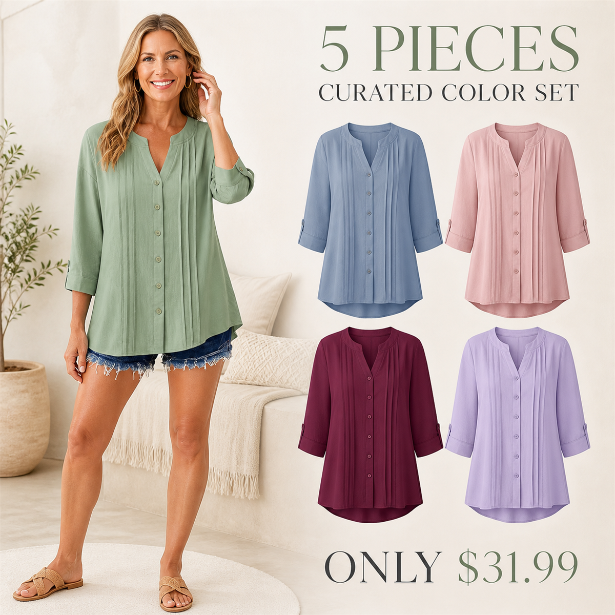 Women's Relaxed Pleated Button-Front Three-Quarter-Sleeve Blouse - 5-Piece Soft Color Set - $31.99