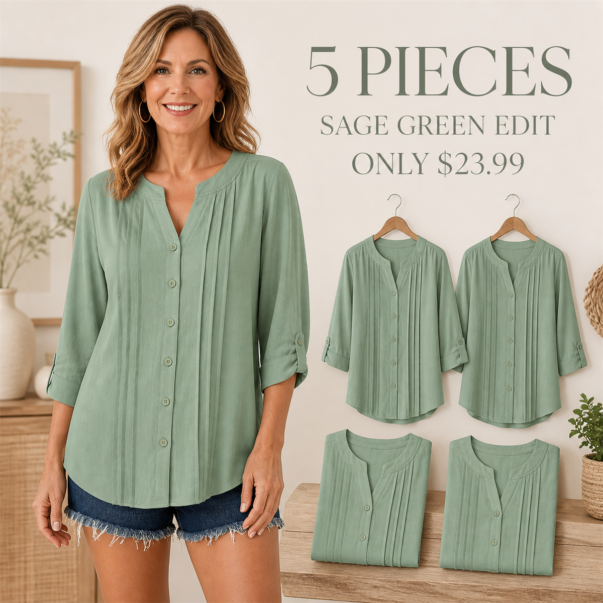 Women's Relaxed Pleated Button-Front Three-Quarter-Sleeve Blouse - 5-Piece Sage Green Set - $23.99