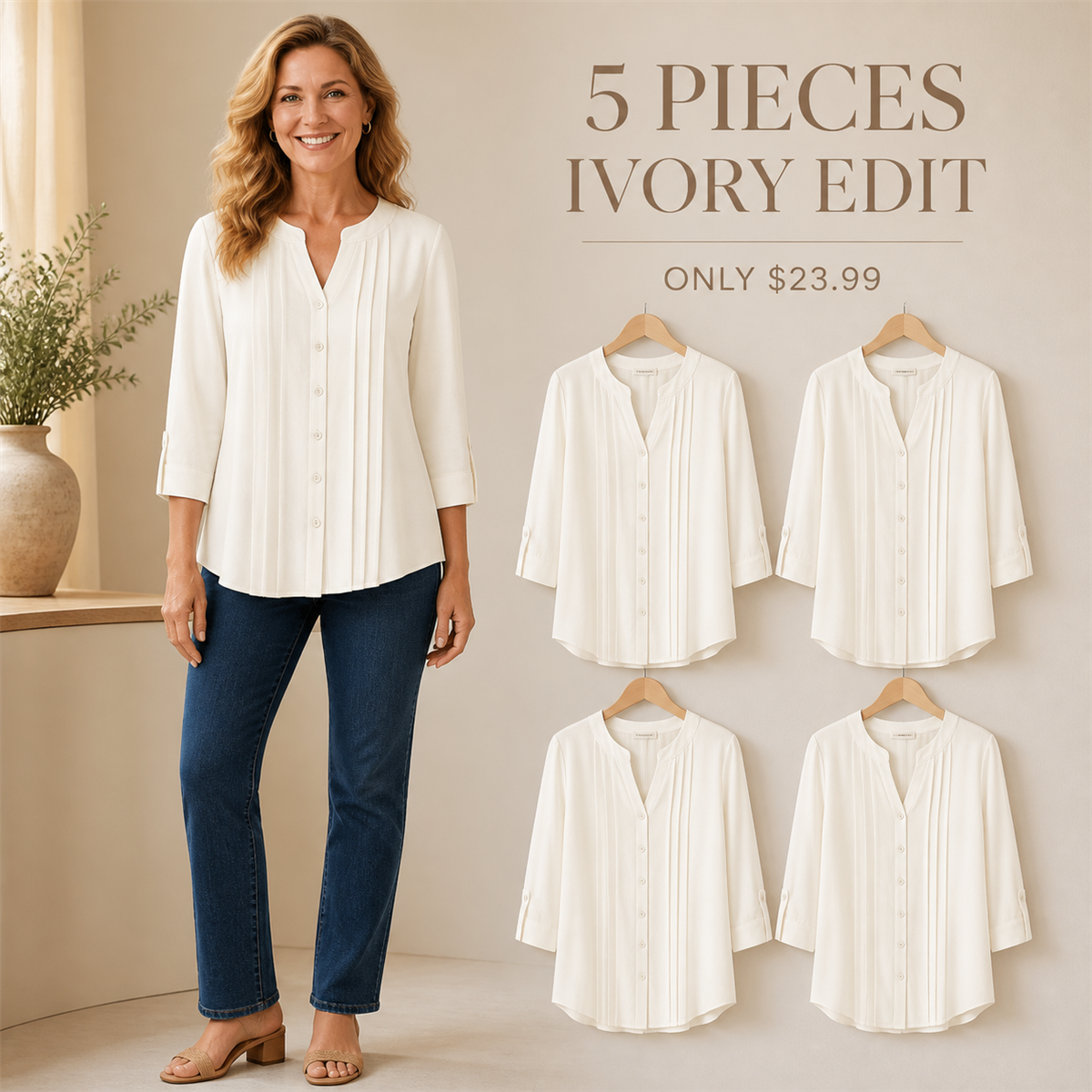 Women's Relaxed Pleated Button-Front Three-Quarter-Sleeve Blouse - 5-Piece Ivory Set - $23.99