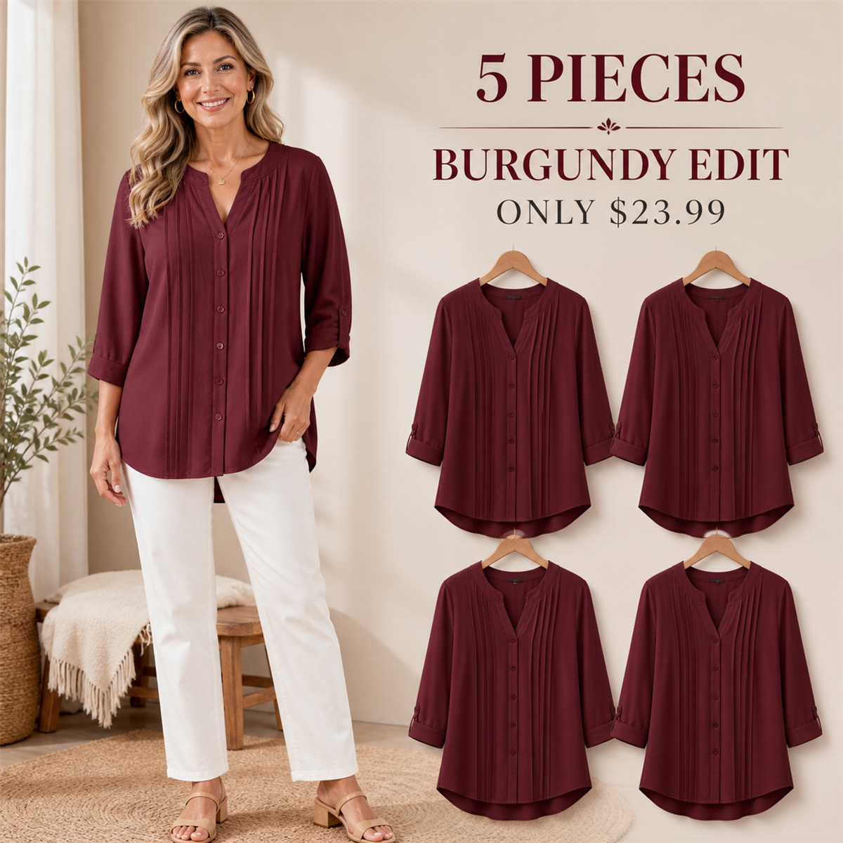 Women's Relaxed Pleated Button-Front Three-Quarter-Sleeve Blouse - 5-Piece Burgundy Set - $23.99