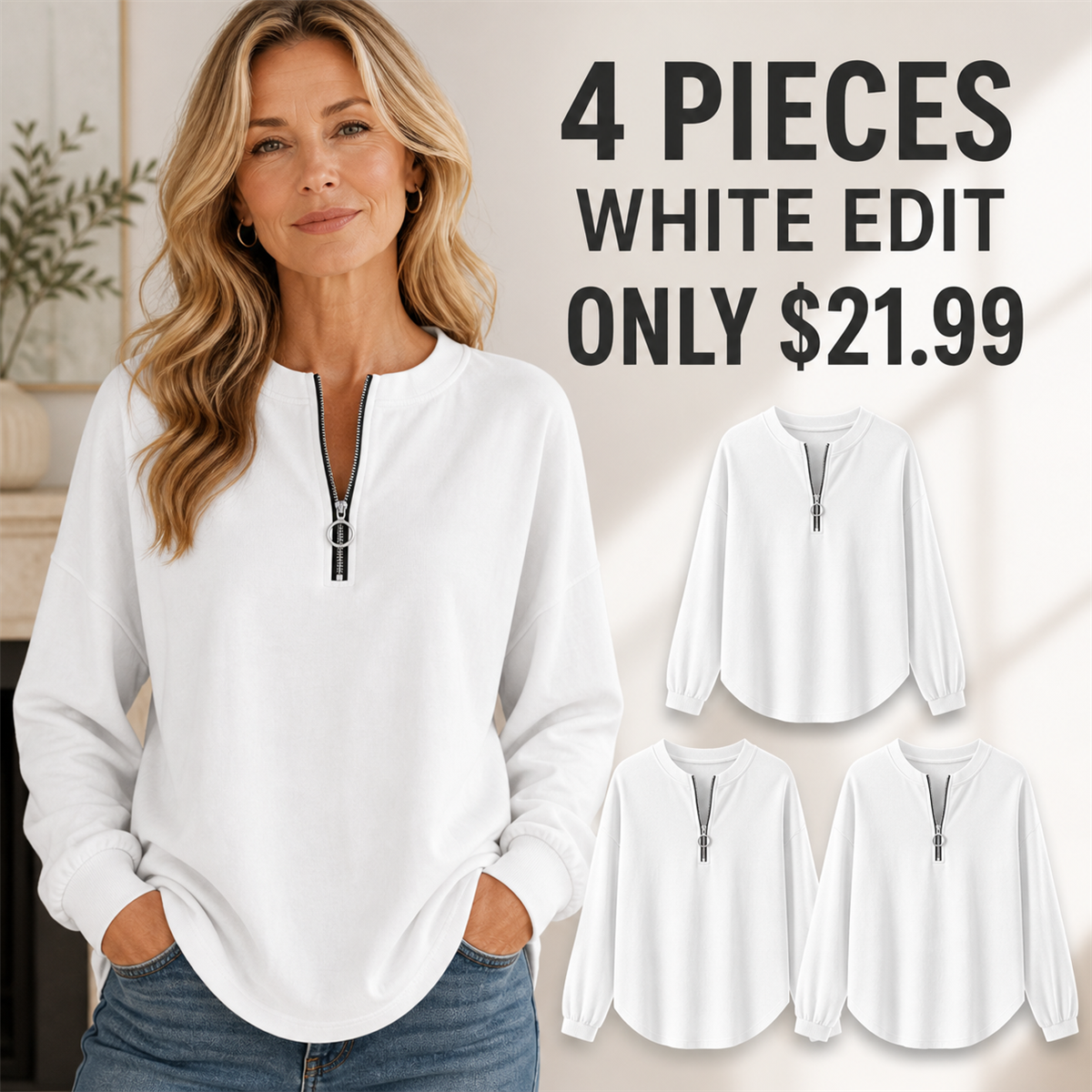 Women's Relaxed Half-Zip Long-Sleeve Pullover Top - 4-Piece White Set - $21.99