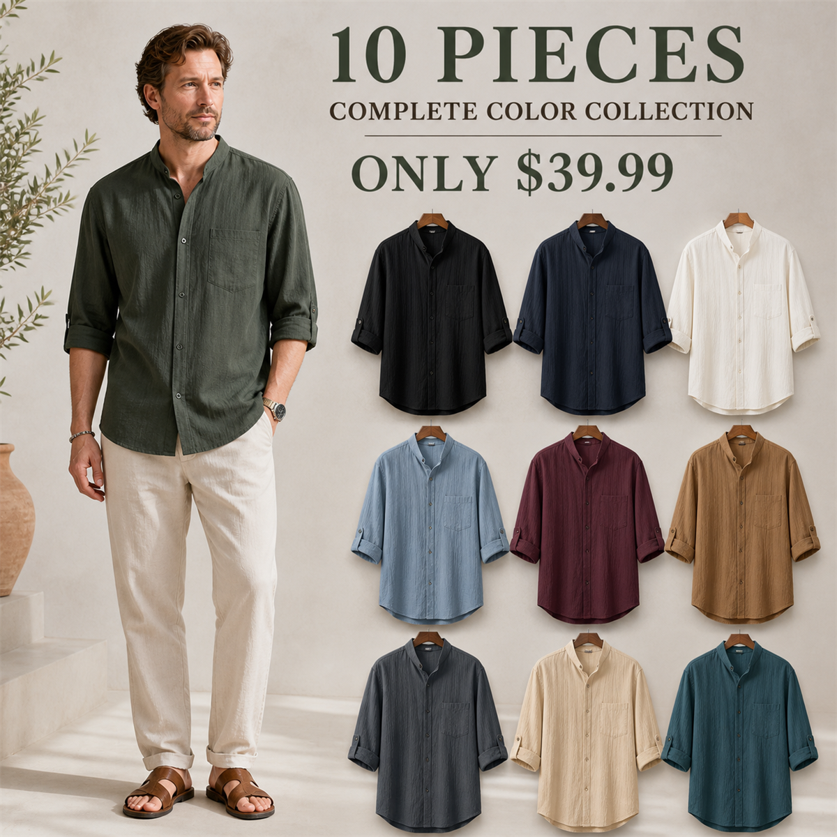 Men's Relaxed Mandarin-Collar Three-Quarter-Sleeve Button-Front Shirt - 10-Piece Complete Color Collection - $39.99