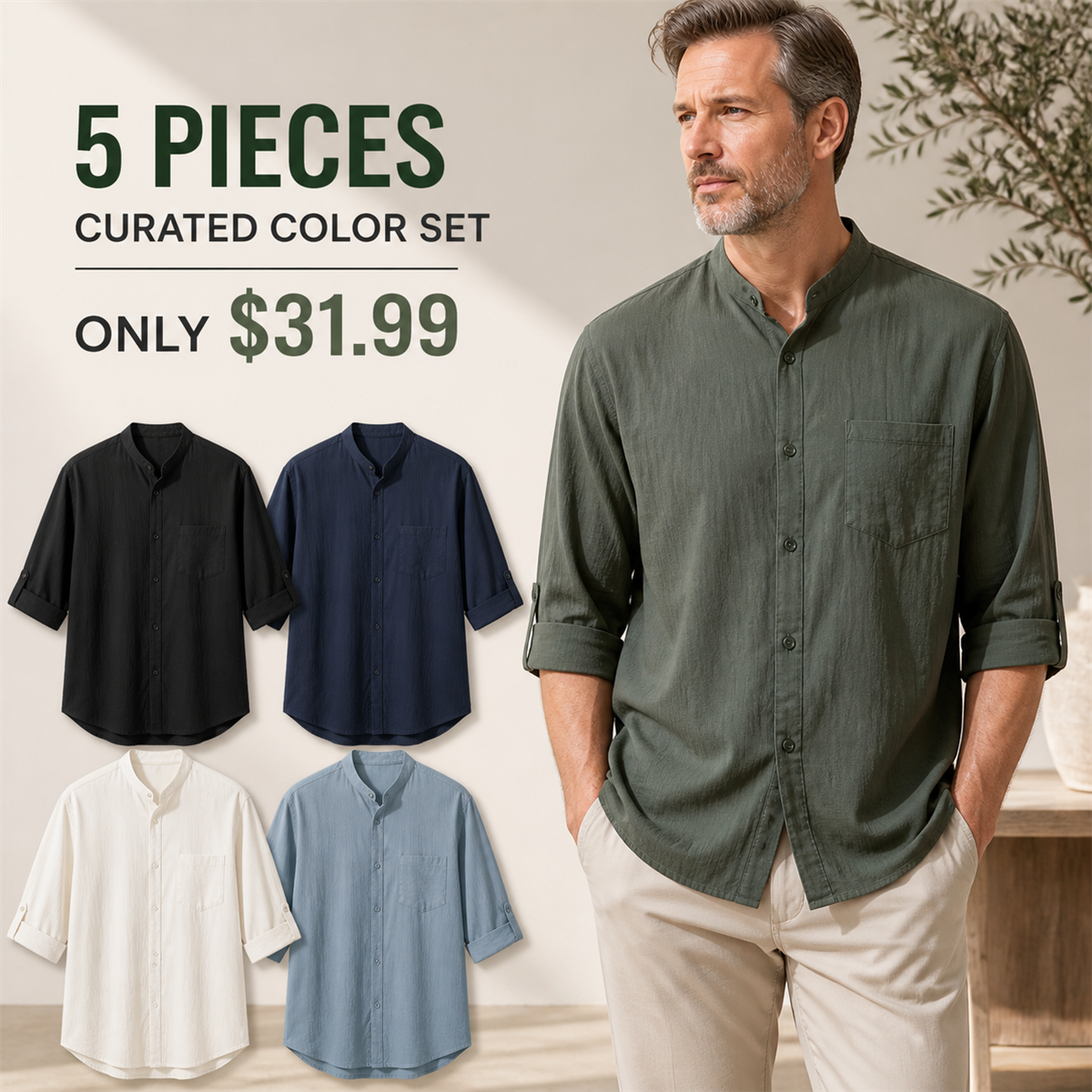 Men's Relaxed Mandarin-Collar Three-Quarter-Sleeve Button-Front Shirt - 5-Piece Classic Color Set - $31.99