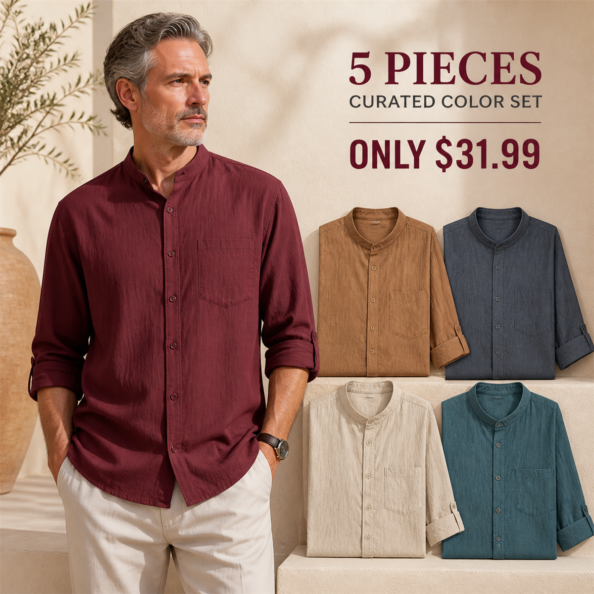 Men's Relaxed Mandarin-Collar Three-Quarter-Sleeve Button-Front Shirt - 5-Piece Soft Color Set - $31.99