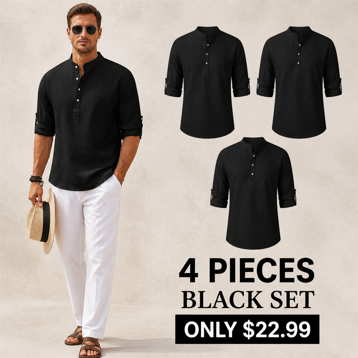 Men's Textured Band-Collar Roll-Tab Sleeve Henley Shirt - 4-Piece Black Set - $22.99
