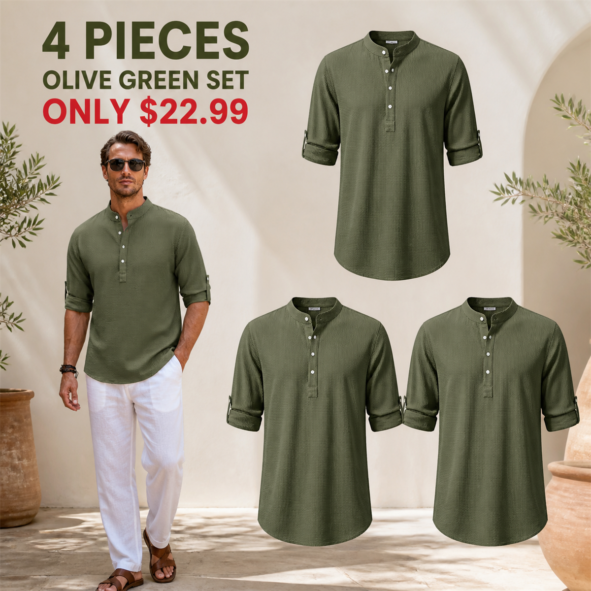 Men's Textured Band-Collar Roll-Tab Sleeve Henley Shirt - 4-Piece Olive Green Set - $22.99