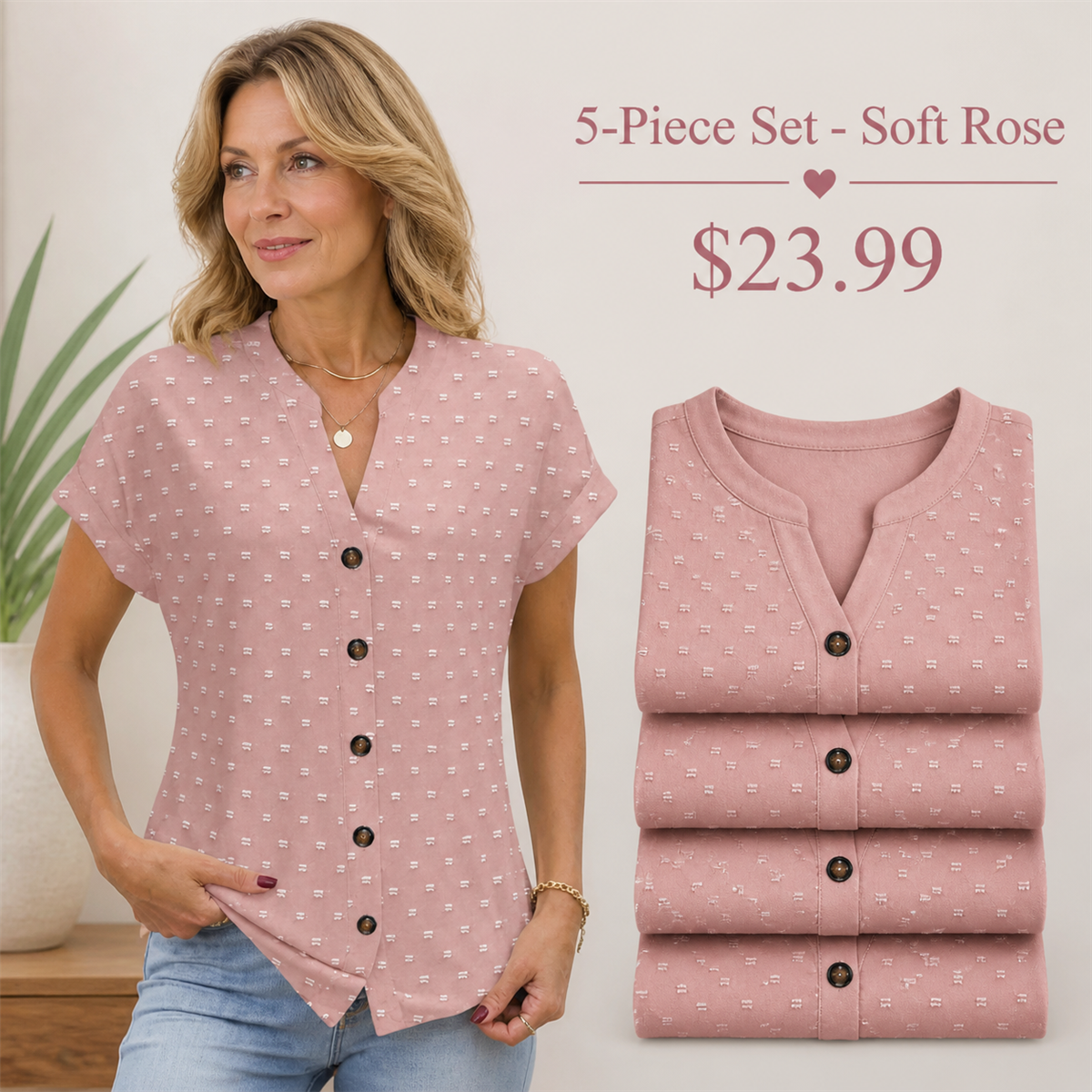 Women's Relaxed Swiss-Dot V-Neck Short-Sleeve Button-Front Blouse - 5-Piece Soft Rose Set - $23.99