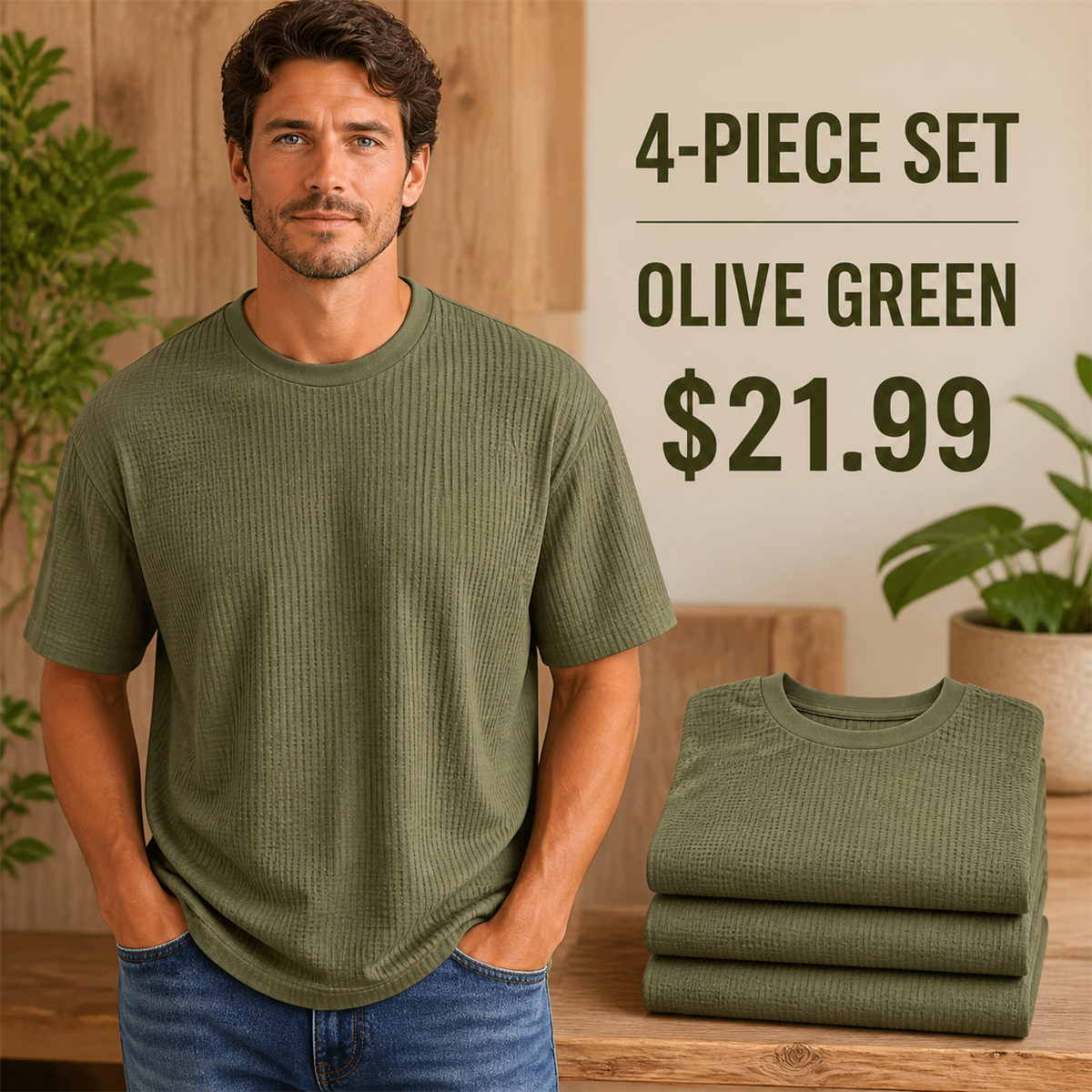 Men's Relaxed Textured Crewneck Short-Sleeve T-Shirt - 4-Piece Olive Green Set - $21.99