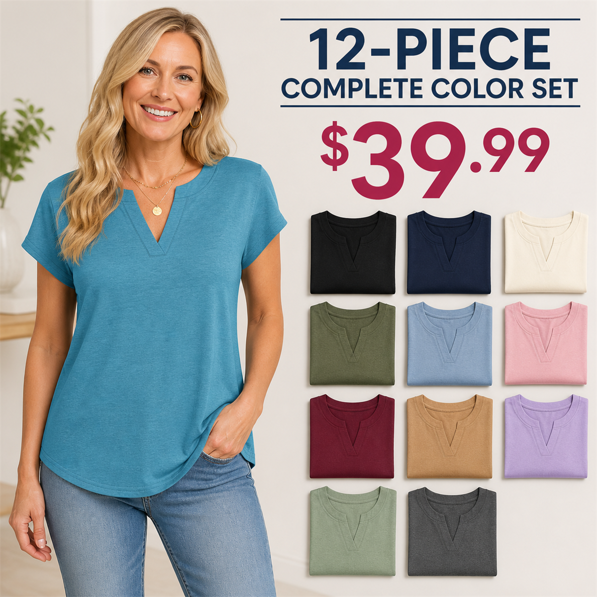 Women's Relaxed Notch-Neck Short-Sleeve Curved-Hem Top - 12-Piece Complete Color Collection - $39.99