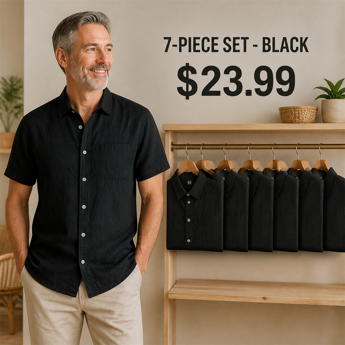 Men's Relaxed Linen-Look Short-Sleeve Button-Front Shirt - 7-Piece Black Set - $23.99
