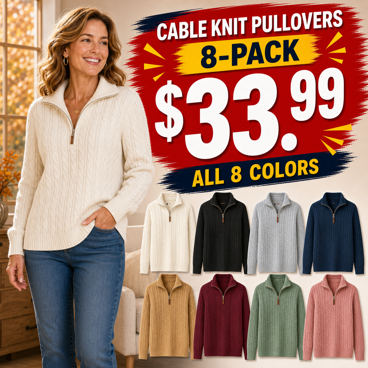 Women's Quarter-Zip Cable Knit Pullover Sweaters