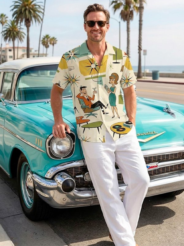 Retro Medieval Atomic Geometry Print Men's Button Pocket Short-Sleeve Hawaiian Big & Tall