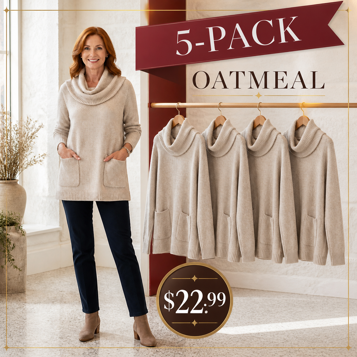 Women's Relaxed Cowl-Neck Knit Tunic with Pockets