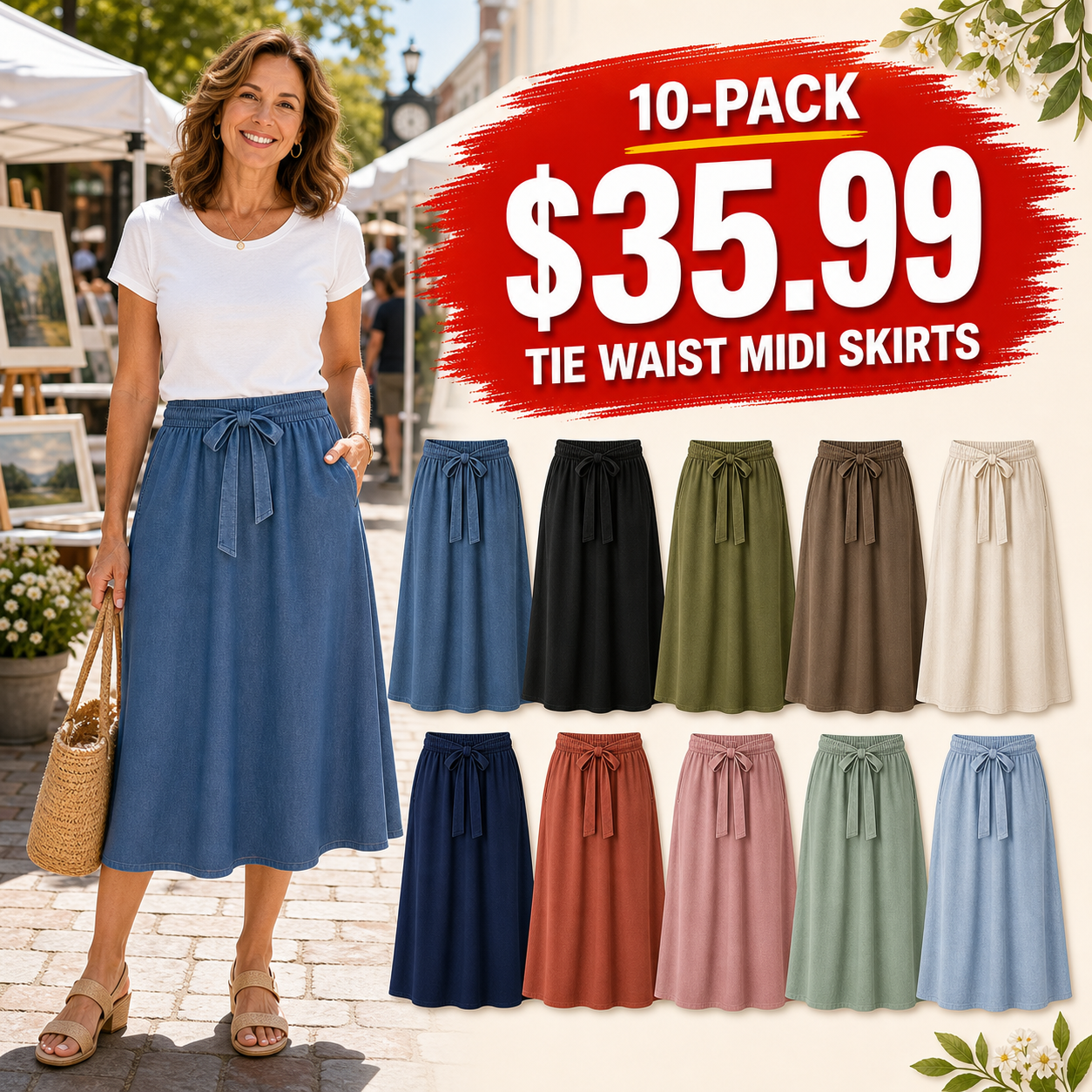 Women's Pull-On Tie Waist Midi A-Line Skirts