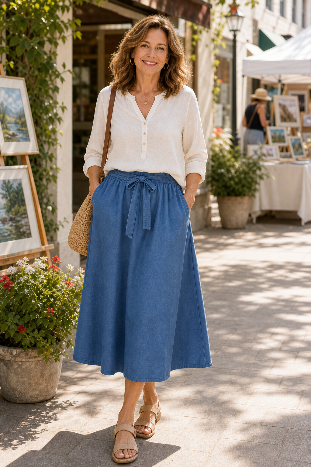 Women's Pull-On Tie Waist Midi A-Line Skirts