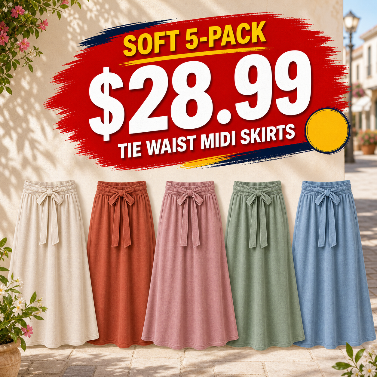 Women's Pull-On Tie Waist Midi A-Line Skirts