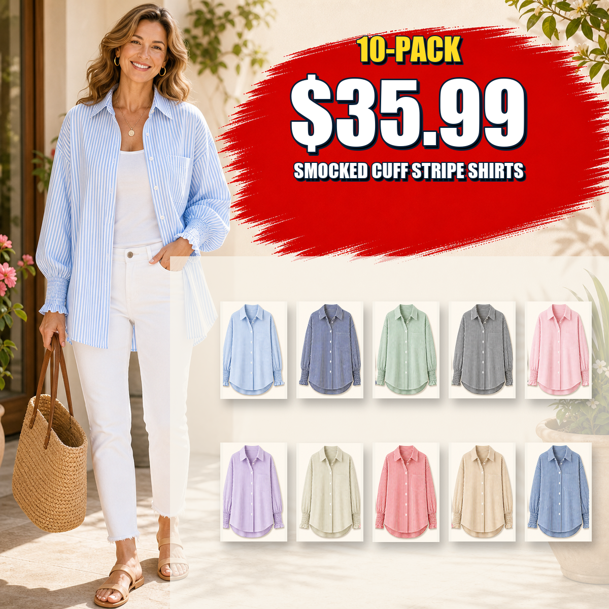 Women's Smocked Cuff Striped Boyfriend Shirts