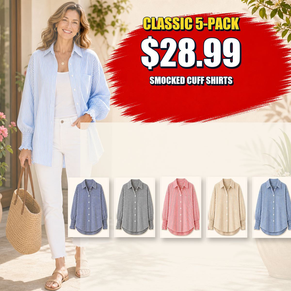 Women's Smocked Cuff Striped Boyfriend Shirts