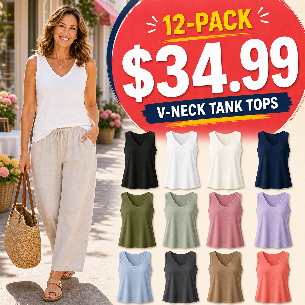 Women's V-Neck Wide Strap Tank Tops