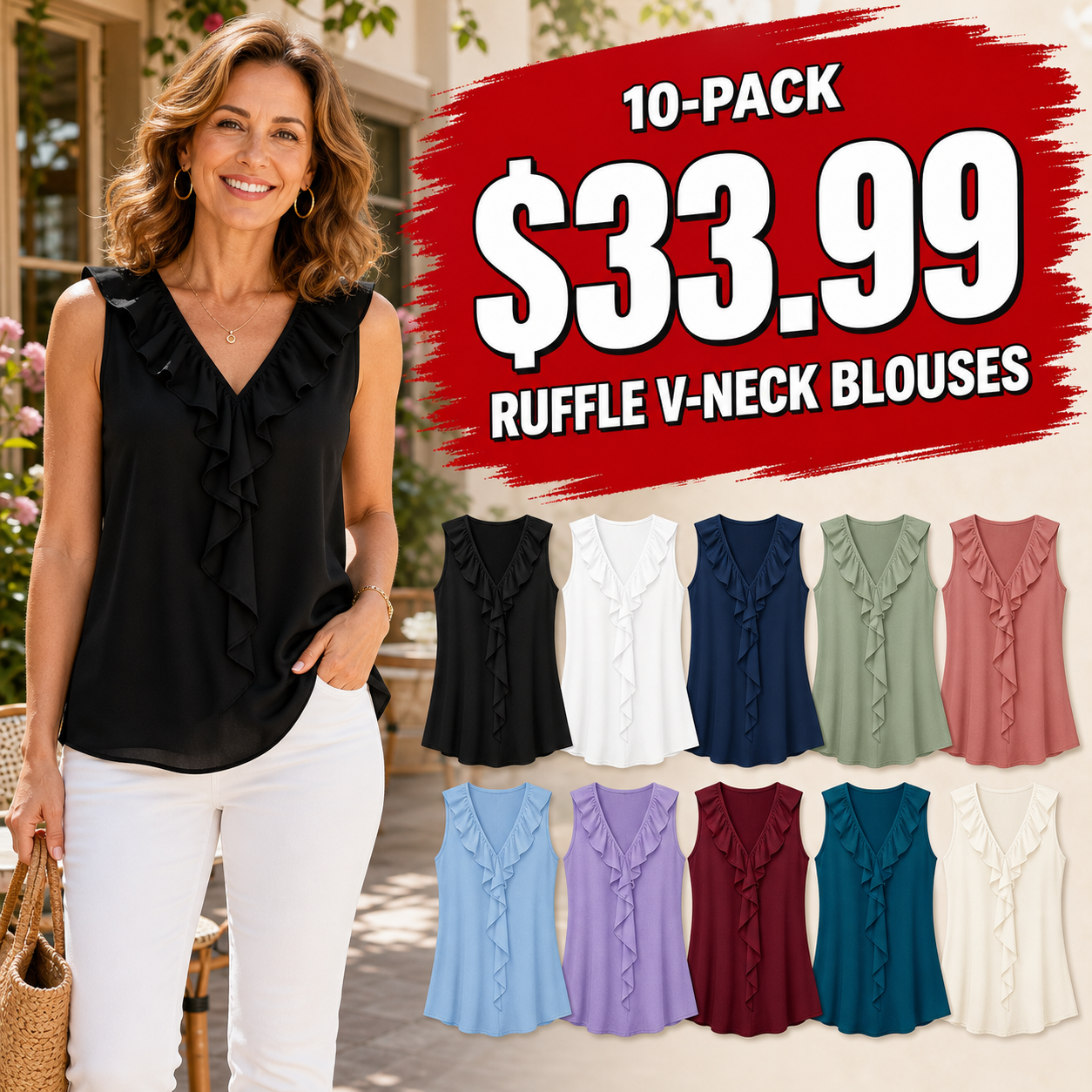 Women's Ruffle V-Neck Sleeveless Blouses