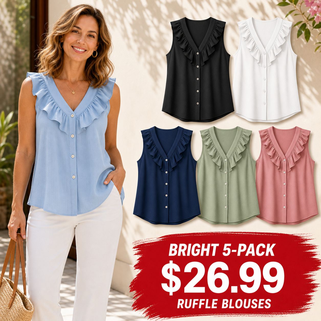 Women's Ruffle V-Neck Sleeveless Blouses