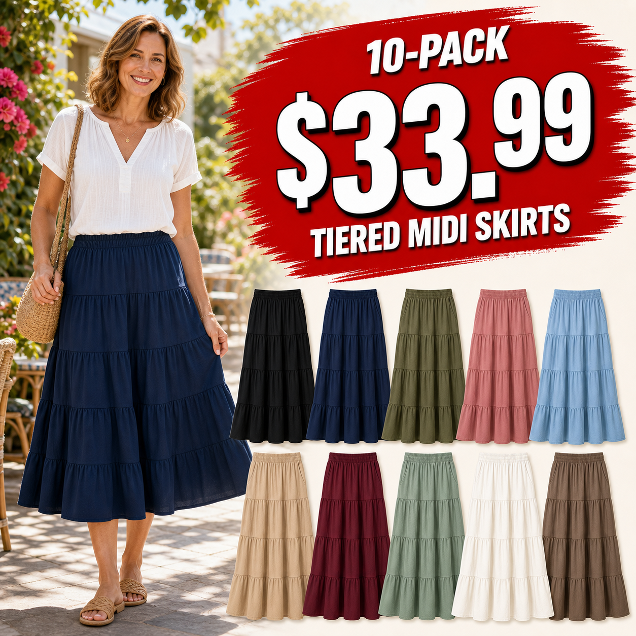 Women's Elastic Waist Tiered Midi Skirts