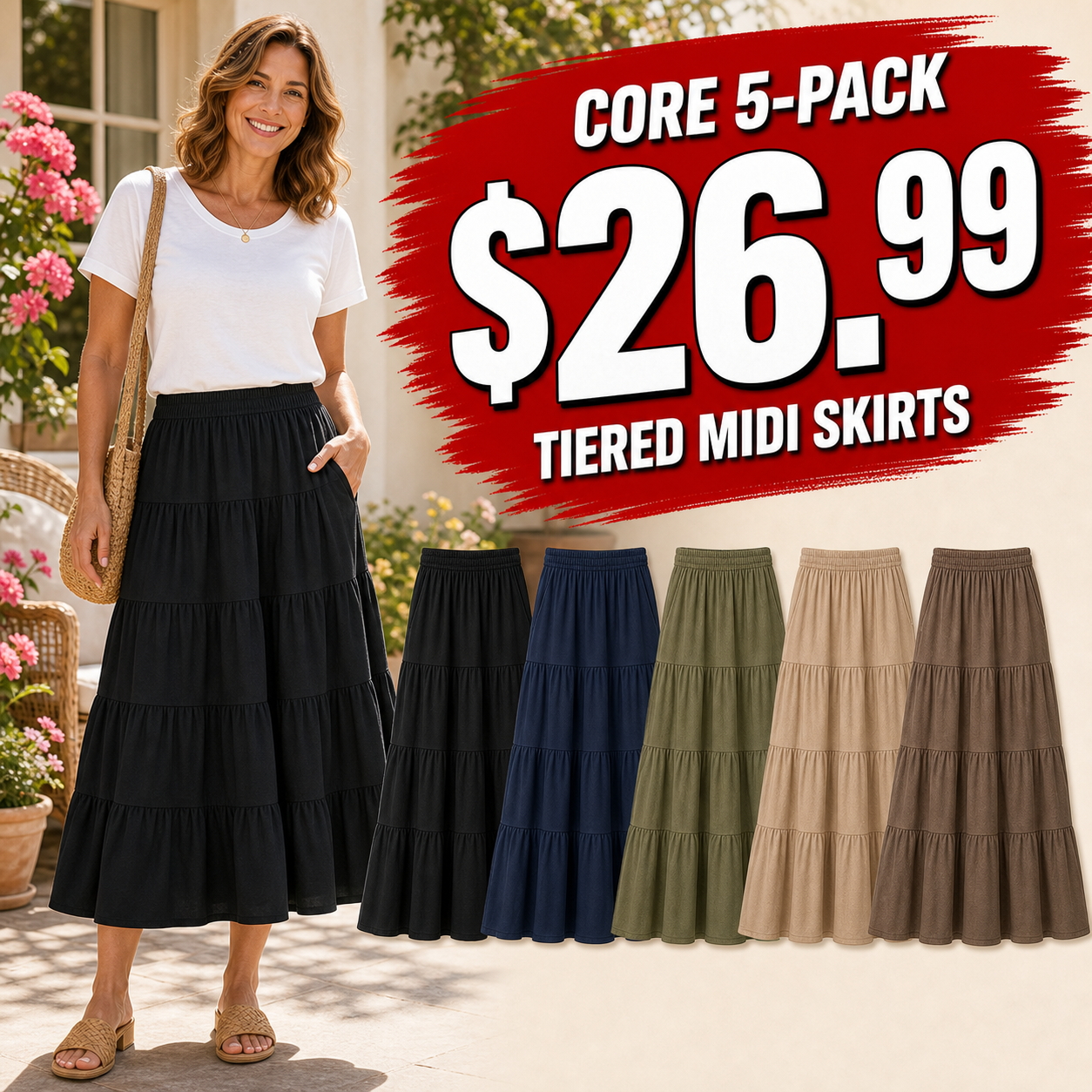 Women's Elastic Waist Tiered Midi Skirts