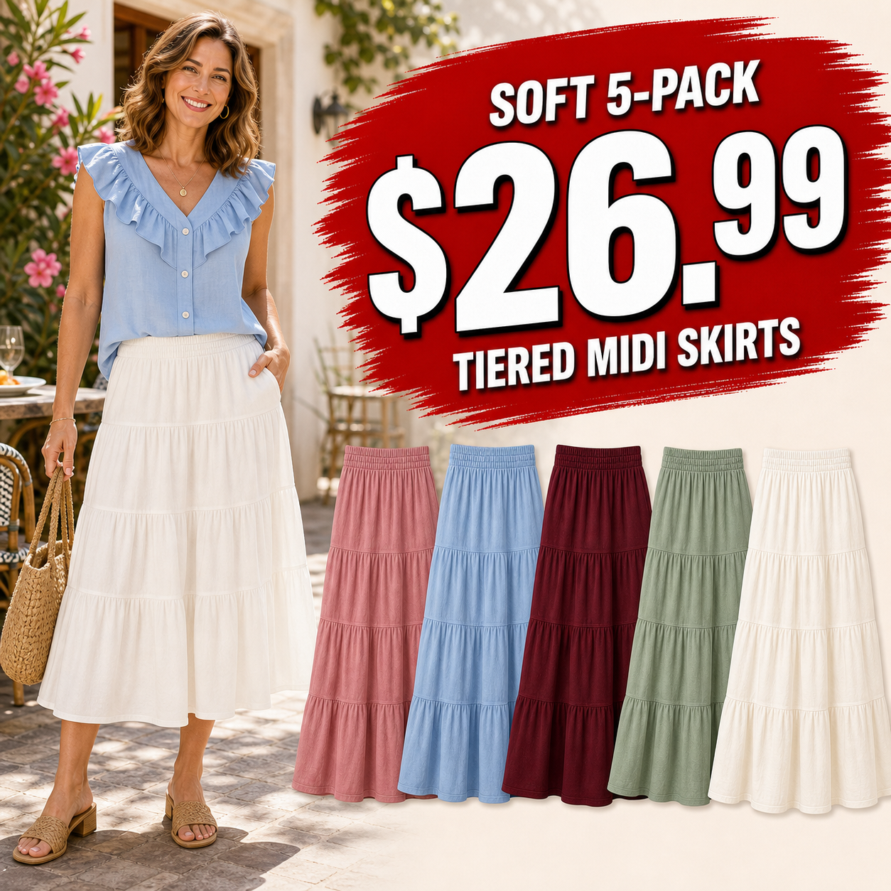 Women's Elastic Waist Tiered Midi Skirts