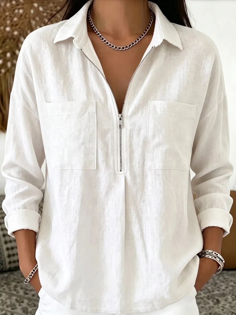New Arrival🔥 Women's Casual Long-Sleeve Linen-Blend Shirt with Dual Pockets