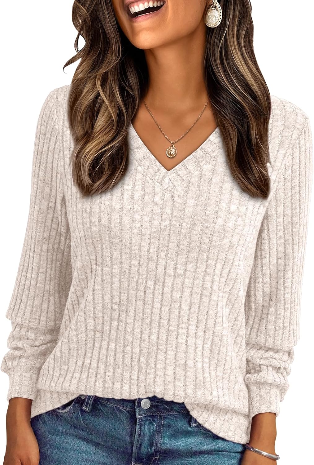 🔥Trendy Women’s V Neck Long Sleeve Tunic Sweater Fall 