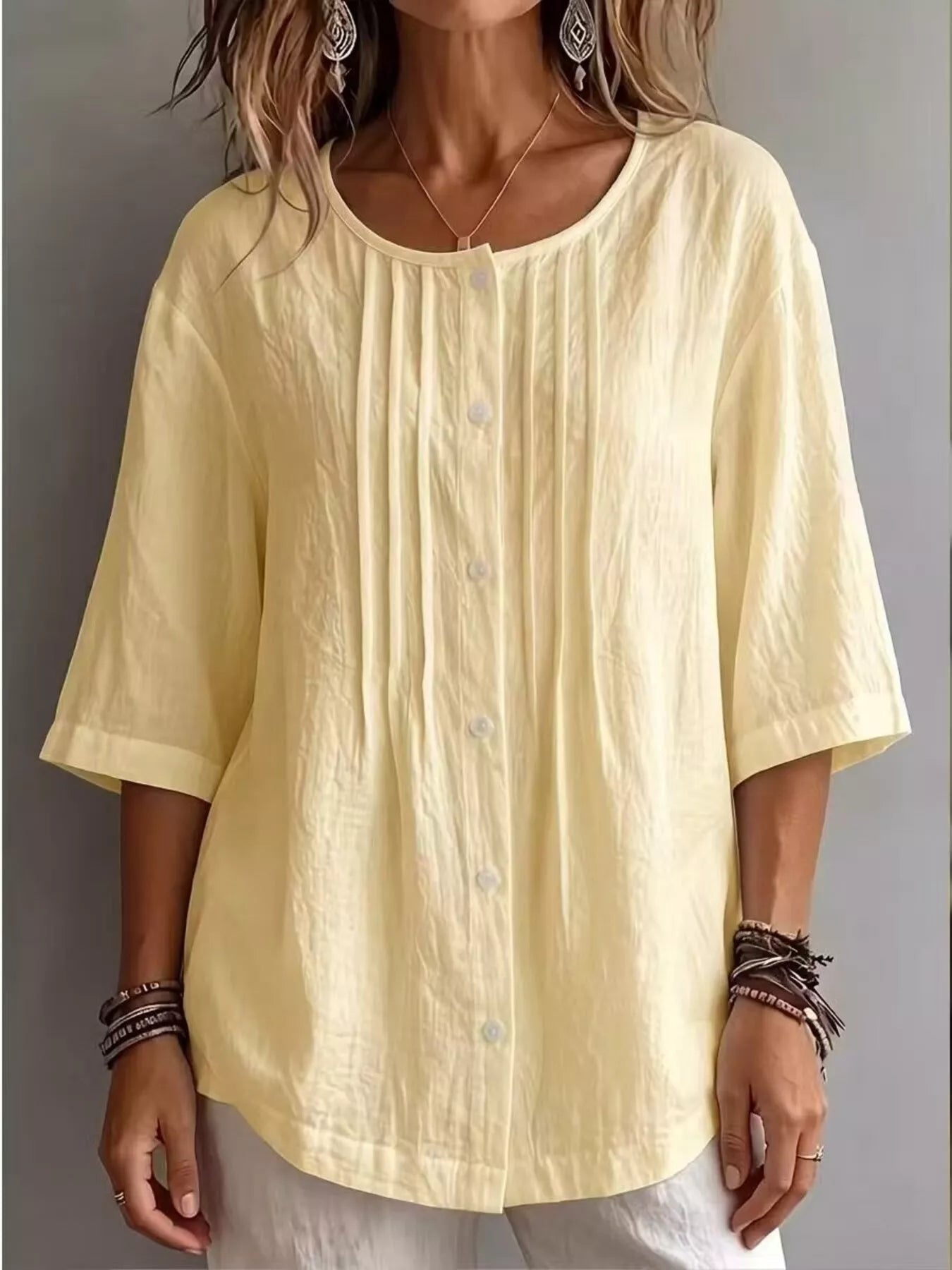 Women's Full Size Cotton Linen Texture Round Neck 3/4 Sleeve Blouse
