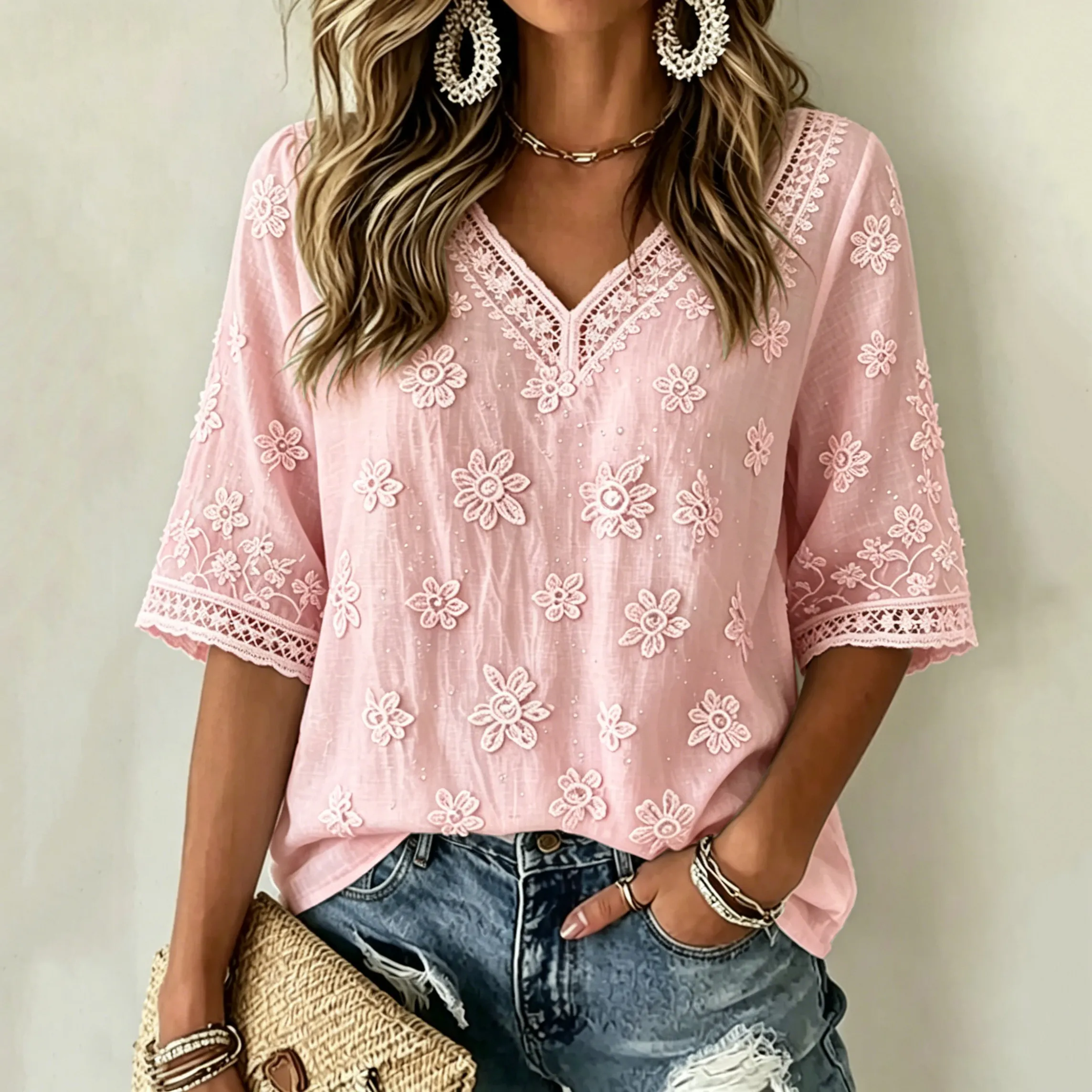 Women's White Rose Art Embroidered Art Flowy Linen Blend Three Quarter Sleeves T-shirt