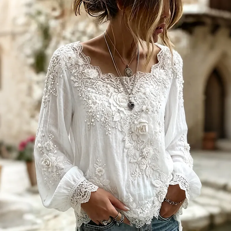 Women's Vintage White Rose Floral Art Flowy Crew Neck Long Sleeve Linen T-shirt