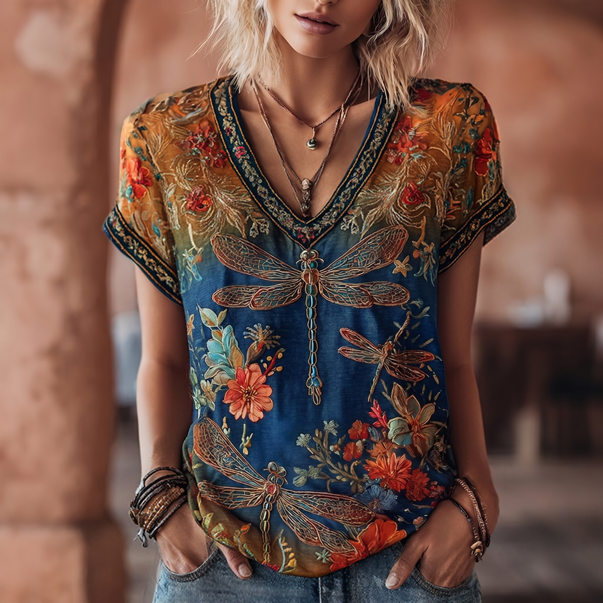 Women's Vintage Dragonfly And Floral Art Print V Neck Linen Blend Short Sleeve Tops