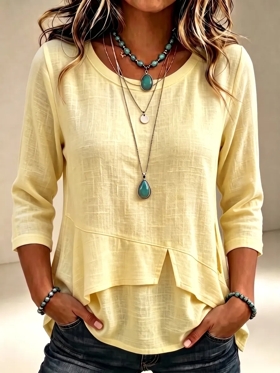 New Arrival🔥 Women'S Elegant Round Neck Cloth Symmetrical Hem Design 3/4 Sleeve T-Shirt